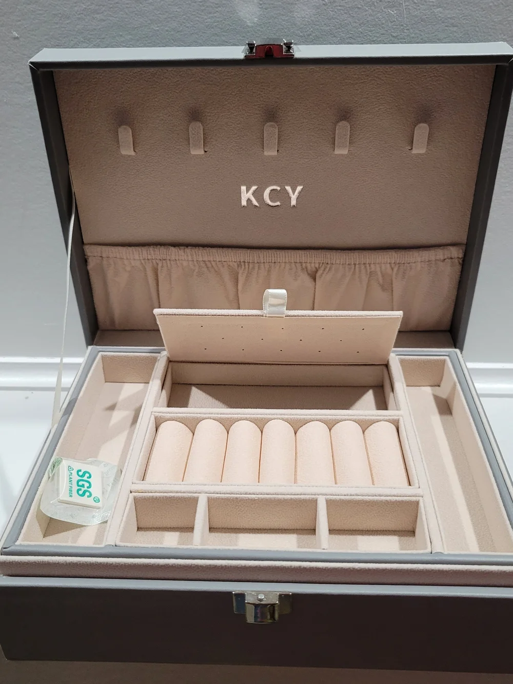 KCY Jewelry Box 2 Layers Large Jewelry Organizer Box Gray Cream